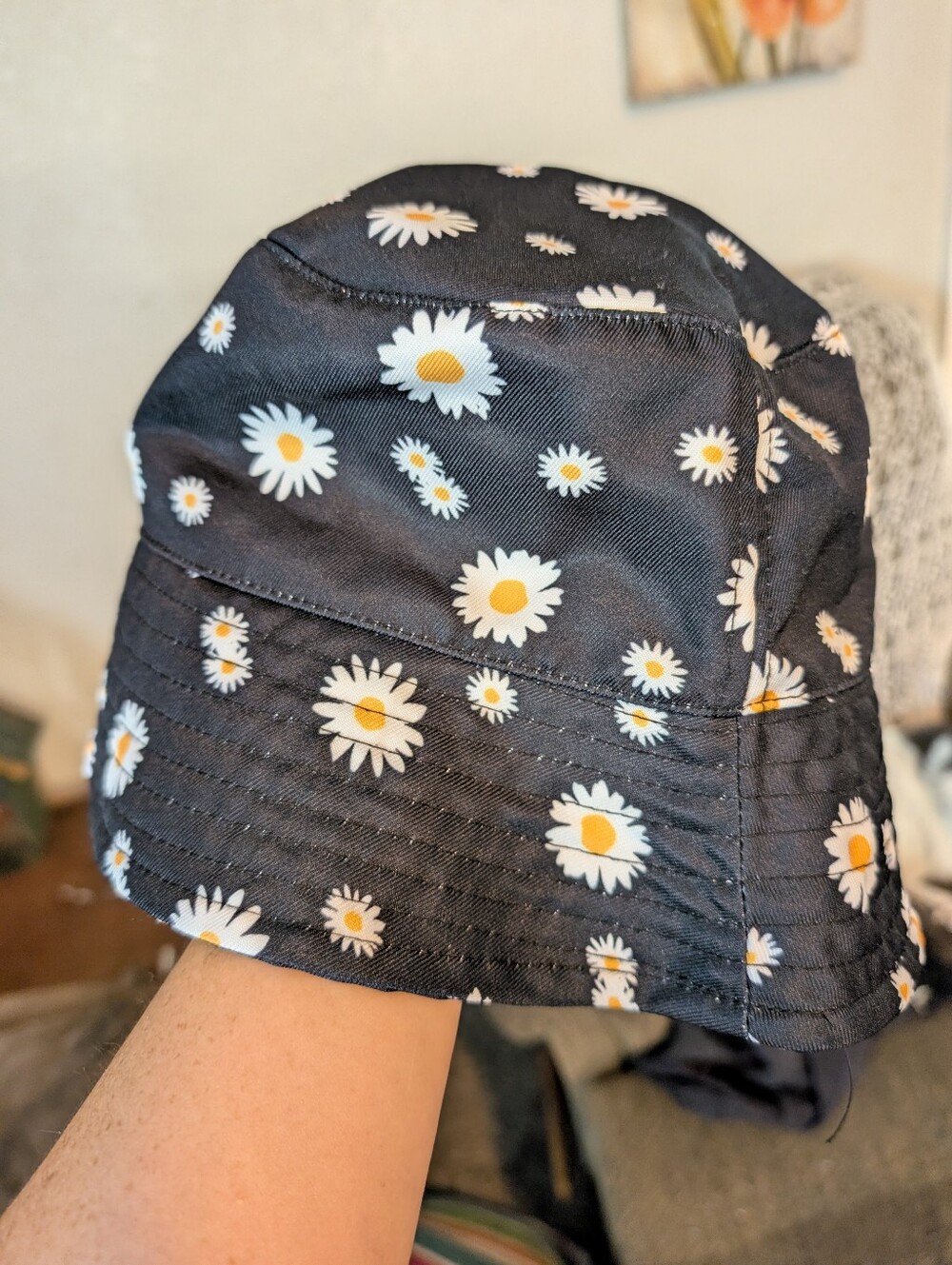 Black Daisy Bucket Hat OS Festival Whimsigoth 90s Retro Boho Cottage Hippie